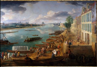 Utsikt över Paris, tagen från Quai de la Rapee 1716 Detalj av båtar på Seine och aktiviteter. Målning av Pierre Denis Martin (1663-1742) 1716 sön. 1,7x3,15 m Paris, Musee Carnavalet. av Pierre Denis Martin
