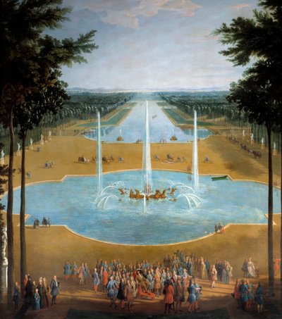 Utsikt över Apollons bassäng och Canal Grande i Versailles 1713, i förgrunden: Kung Ludvig XIV (1638-1715) har strandpromenaden omkring 1713 Detalj av en målning av Pierre Denis Martin (1663-1742) Sön. 2,6x1,3 m av Pierre Denis Martin