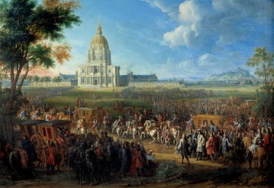 Besök av kung Ludvig XIV i kyrkan Royal Hotel des Invalides som nyligen färdigställdes den 14 juli av Pierre Denis Martin