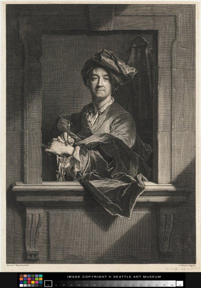 Gravyr av Hyacinthe Rigauds porträtt av sig själv, sent 1600-tal-1700-tal av Pierre Imbert Drevet