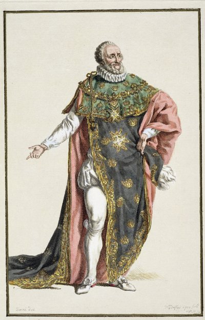Henri IV (1553-1610) Kung av Frankrike, från Receuil des Estampes, representerande ranger och värdigheter, efter alla existerande nationers dräkt, publicerad 1780 (handfärgad gravyr) av Pierre Duflos