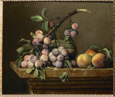 Plommon, kalebasser och persikor på en marmortablå ... av Pierre Dupuis