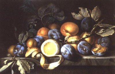 Stilleben med plommon och en skalad citron (en i ett par) av Pierre Dupuis