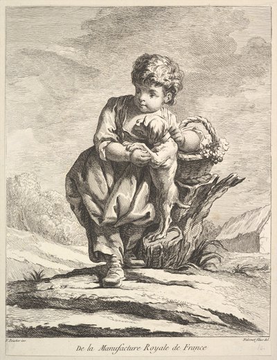 Barn med en hund, som håller i en korg med druvor, från Premier Livre de Figures daprès les po..., 1757. av Pierre Etienne Falconet