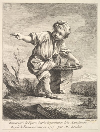 Frontispice med liten pojke som håller i en korg, från Premier Livre de Figures daprès les po..., 1757. av Pierre Etienne Falconet