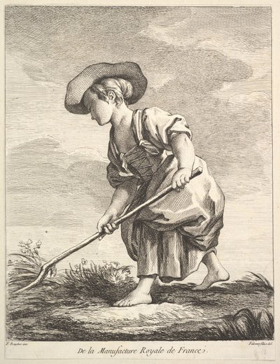 Liten flicka som utför jordbruksarbete, från First Book of Figures efter porslin från M..., 1757. av Pierre Etienne Falconet