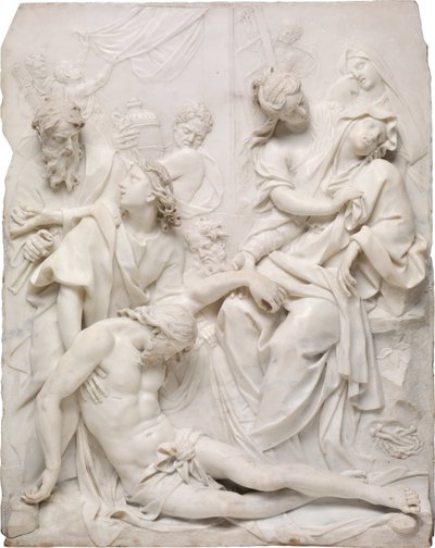 Jungfru Maria svimmar över Kristi döda kropp vid korsets fot, 1710. av Pierre Etienne Monnot