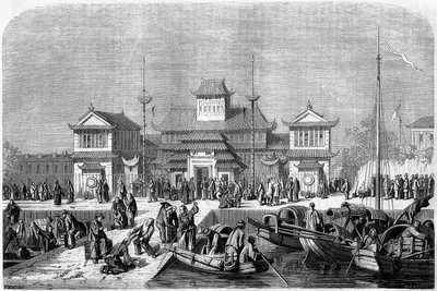 Tullvy i hamnen i Shanghai 1860, Kina. Gravyr av Grandsire, i "" Le Tour du Monde, Nouveau journal des Voyages", redigerad av Edouard Charton, Paris av Pierre Eugene Grandsire