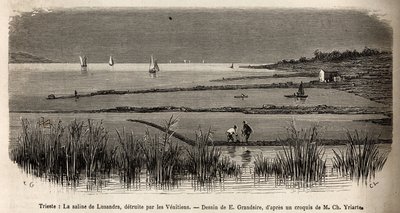 Lusandras saltvatten, i närheten av Trieste, förstört av venetianerna som såg det som en farlig rivalitet mot monopolet de utövade i Adriatiska havet, gravyr av E. Grandsire som illustrerar resan till Istrien och Dalmatien 1874 av Charles Yria av Pierre Eugene Grandsire