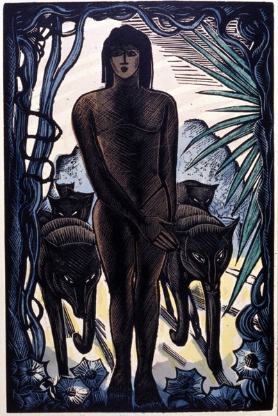 Mowgli och vargarna i djungeln. Rudyard Kipling "Djungelboken" av Pierre Falke