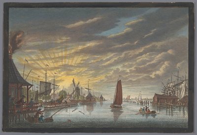 Utsikt över den gamla marinan i Amsterdam, sett mot fästet Leeuwenburg eller Blauwhoofd Utsikt vid den gamla marinan för att se 