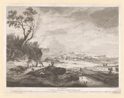 Landskap med vilande figurer Le repos (titel på objekt) av Pierre Francois Beaumont