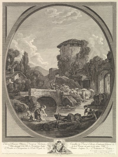 Landskap med en bro och ett duvslag, 1700-tal. av Pierre Francois Laurent