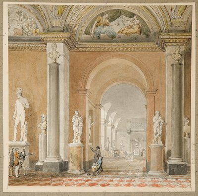 Det före detta Apollorummet i Belvedere i Louvren (svart krita & w/c på papper) av Pierre Francois Leonard Fontaine
