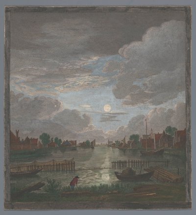 Vy över en kanal nära staden Haarlem i månsken Vûe du canal proche de Haerlem (titel på objekt) av Pierre François Basan