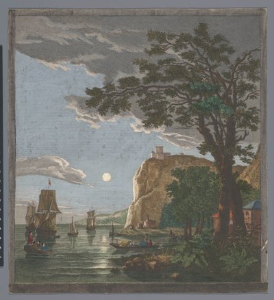 Utsikt över en kust med fartyg och båtar på vattnet i månsken La pleine lune (titel på objekt) av Pierre François Basan