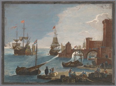 Utsikt över en hamn med fartyg och båtar på vattnet 11:e. Vüe ​​​​maritime (titel på objekt) av Pierre François Basan