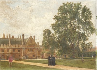 In the Grounds of Magdalen College, with Portrait of Magdalen Fellows: Reverend T. H. T. Hopkins, Reverend H. R. Bramley, Reverend J. Rigaud och Reverend H. F. Garnsey, 1882 av Pierre François Joseph Tonneau