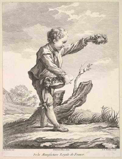 Liten pojke som håller en krans och en korg med blommor, från Deuxième Livre de Figures d