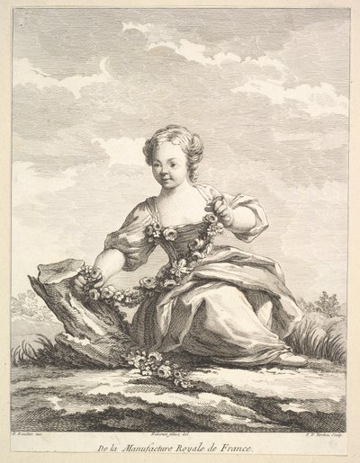 Liten flicka som håller en krans av blommor, från Second Book of Figures efter..., efter 1757. av Pierre François Tardieu