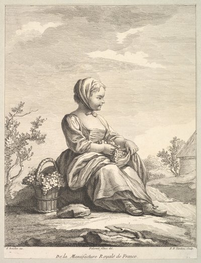 Liten flicka som håller vindruvor med en korg med dem vid sin sida, från Deuxième Livre de..., efter 1757. av Pierre François Tardieu