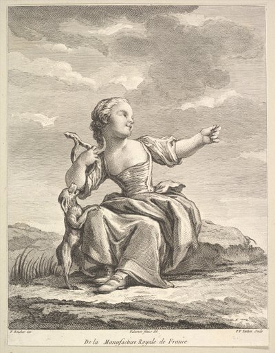 Liten flicka som leker med en hund, från Second Book of Figures efter porslinet..., efter 1757. av Pierre François Tardieu