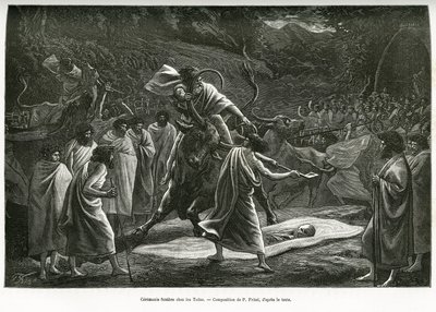 En begravningsceremoni för Todas, ett litet pastoralt samhälle på Nilgiri-platån (Södra Indien), under begravningen offras boskap. Gravyr av P. Fritel, för att illustrera recitens souvenirer från en resa till Nilgherries, av Madame Janssen, i 1 av Pierre Fritel