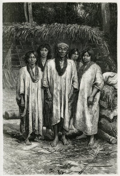 Chief Lacandon och Lacandon typer, mayafolk som lever i Chiapas djungler (Mexiko). Gravyr av P. Fritel, för att illustrera berättelsen "" Resan till Yucatan och Lacandons land "", 1882, av Desire Charnay (1828-1915) arkeolog och fotograf av Pierre Fritel