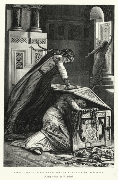 Fredegonde klämde sin hals mot den nedre brädan (gravyr) av Pierre Fritel