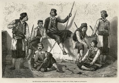 Krivoscians, bergsbestigare i Bouches de Cattaro (eller Kotor, bukten på Montenegros västra kust), vapen för att motstå kraften från intrång i de österrikiska trupperna. Gravyr efter P.Fritels teckning, för att illustrera resan till Dalmatien, av C av Pierre Fritel