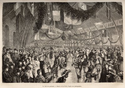 Montreals skridskoklubb, vid ett möte för en skridskokostymkväll, graverad efter en teckning av P. Fritel, som illustrerar utflykten till Kanada och Riviere Rouge du nord, av H. De Lamotte, 1873, publicerad i "Le tour du monde”” 1875, redigerad av Edo av Pierre Fritel