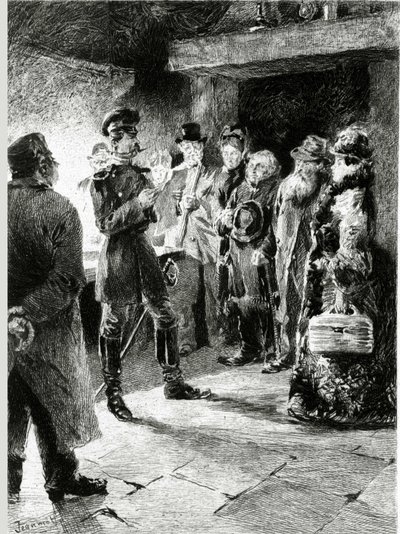 En tysk officer frågar Boulle de talg i utbyte mot friheten för alla passagerare som har arresterats i diligencen. I "" Ball of tallow"" av Guy de Maupassant (1850-1893). Illustration av P. G. Jeanniot (1848-1934). Publicerad på Ollendorff i av Pierre Georges Jeanniot