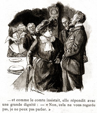 "Boule de Suif": Elisabeth Rousset vägrar att svara greven, tidigt 1900-tal (illustration) av Pierre Georges Jeanniot