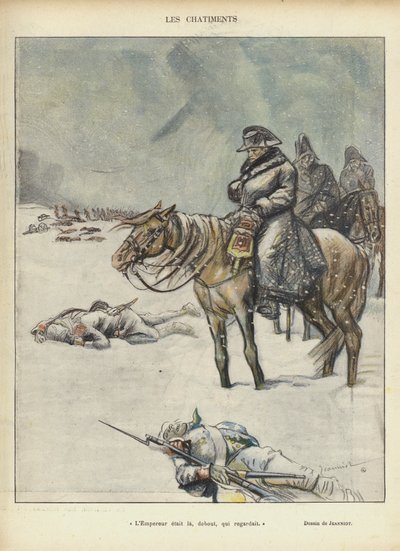 Napoleon på reträtten från Moskva, Illustration för Le Rire av Pierre Georges Jeanniot