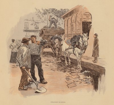 Parisiska gatustädare (färglitografi) av Pierre Georges Jeanniot