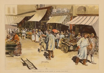 Marchandes de quatre saisons på Rue du Faubourg Saint-Denis, Paris (färglitografi) av Pierre Georges Jeanniot