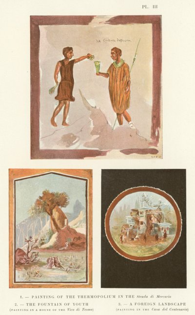 Målning av Thermopolium i Strada di Mercurio, Ungdommens fontän, ett främmande landskap (färg litho) av Pierre Gusman