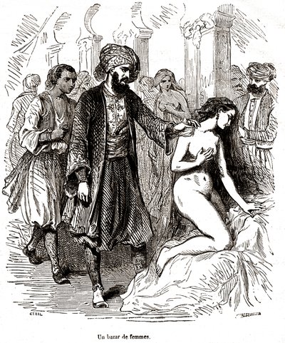 Egyptisk slavmarknad för kvinnor av Pierre Gustave Eugene (1817-82) Staal