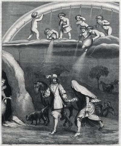 Enee och Didon överraskade av regnet i skogen. Illustration av "" Virgil transvestite"" av Paul Scarron (1610-1660), en parodi på "L