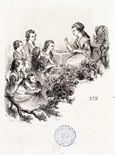 Ung hushållerska berättar en historia för en grupp barn - i "Le magasin des enfants"" av Mme Leprince de Beaumont, ill. Staal, Garnier av Pierre Gustave Eugene Staal