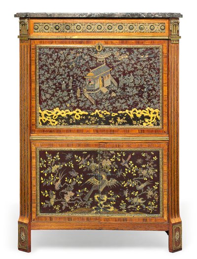 Louis XVI Secretaire a Abbatant, sent 1700-tal (marmor, läder, ormolu-monterad kingwood, tulpanved, amarant, pärlemor inlagd kinesisk lack & Japanning) (se även 3479849) av Pierre Harry Mewesen