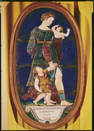 Plack föreställande Charity, Limousin, 1559 (målad emalj) av Pierre I Courteys
