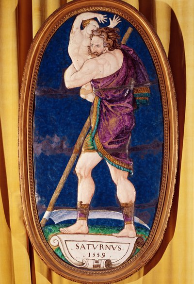 Plack föreställande Saturnus, från Chateau de Madrid, Neuilly, 1559 (målad emalj) av Pierre I Courteys