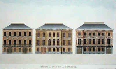Hus i Gent och Grammont, Belgien, från "Val av de mest anmärkningsvärda monumenten, byggnaderna och husen i kungariket Nederländerna" av Pierre Jacques Goetghebuer, publicerad 1827 (akvatint) av Pierre Jacques (after) Goetghebuer