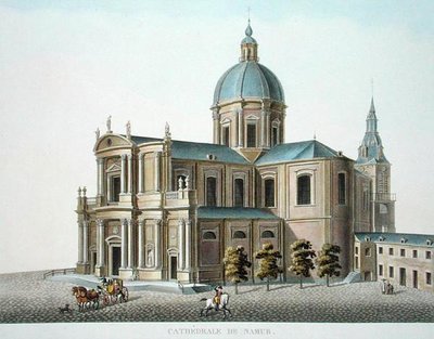Katedralen i Namur, ur "Choix des Monuments, Edifices et Maisons les plus remarquables du Royaume des Pays-Bas" av Pierre Jacques Goetghebuer, publicerad 1827 (akvatint). av Pierre Jacques Goetghebuer