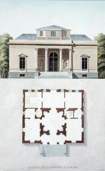 Country House i Laeken, från "Val av de mest framstående monumenten, byggnaderna och husen i kungariket Nederländerna" av Pierre Jacques Goetghebuer, publicerad 1827 (akvatint) av Pierre Jacques Goetghebuer