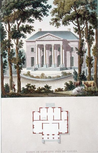 Country House nära Haarlem, Holland, från "Val av de mest framstående monumenten, byggnaderna och husen i kungariket Nederländerna" av Pierre Jacques Goetghebuer, publicerad 1827 (akvatint) av Pierre Jacques Goetghebuer