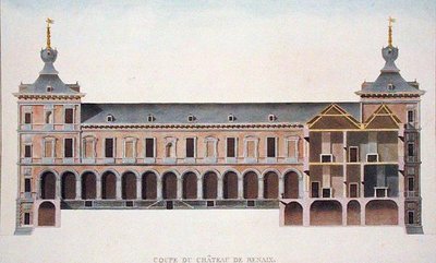 Tvärsnitt av slottet i Ronse, Belgien, från "Val av de mest anmärkningsvärda monumenten, byggnaderna och husen i kungariket Nederländerna" av Pierre Jacques Goetghebuer, publicerad 1827 (akvatint) (se även 186086) av Pierre Jacques Goetghebuer