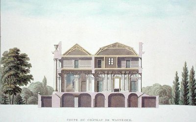 Tvärsnitt av Chateau of Wannagem, nära Oudenarde, Belgien, från "Val av de mest anmärkningsvärda monumenten, byggnaderna och husen i kungariket Nederländerna" av Pierre Jacques Goetghebuer, publicerad 1827 (akvatint) (se även 186077) av Pierre Jacques Goetghebuer