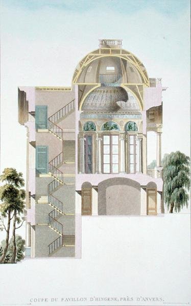 Tvärsnitt av paviljongen i Hingene, nära Anvers, från "Val av de mest anmärkningsvärda monumenten, byggnaderna och husen i kungariket Nederländerna" av Pierre Jacques Goetghebuer, publicerad 1827 (akvatint) (se även 186054) av Pierre Jacques Goetghebuer